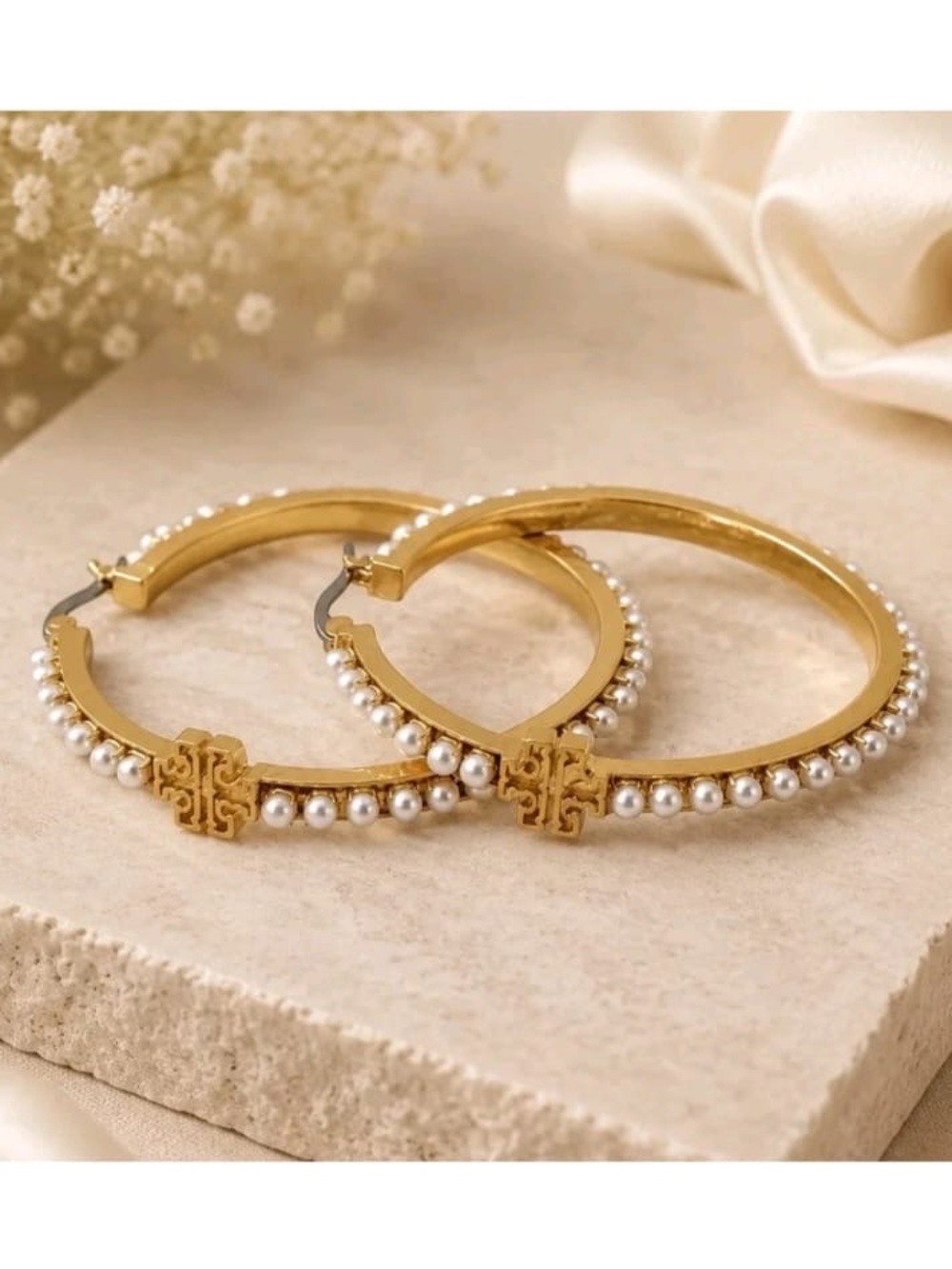 Tory Burch Gold Hoop Earrings with Pearl Trim